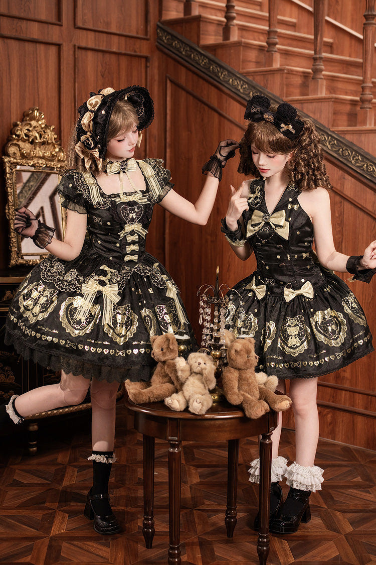 Black/Gold [Sugar Bear] Jacquard Ruffled Bow Lace Sweet Classic Lolita Dress 2 Versions - Product - 2