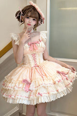 Apricot [Flory Butterfly] Double-Layered Ruffle Bowknot Lace Lace-Up Sweet Ballet Lolita Jsk Dress - Apricot - 1