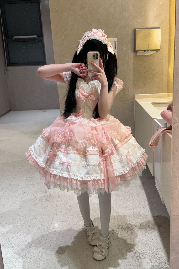 White/Pink Sleeveless Triple-Layered Ruffled Bow Lace Sweet Princess Ballet Lolita Jsk Dress - Product - 5