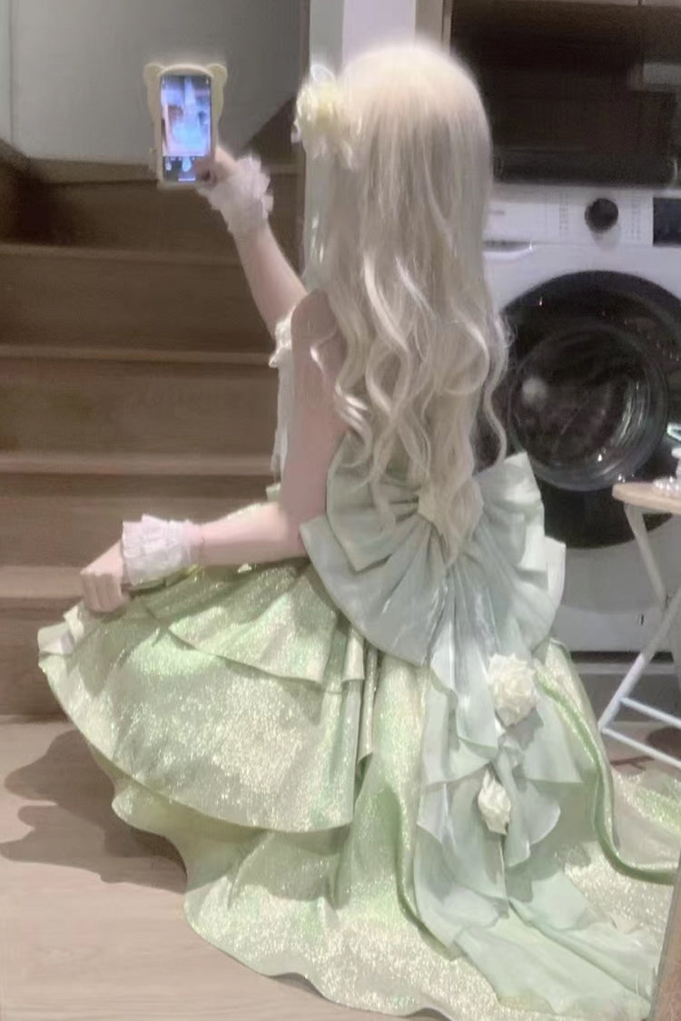 Green [Rose Heart Knot] Ruffle Hanayome Bowknot Sweet Princess Gorgeous Lolita Jsk Dress - Product - 8