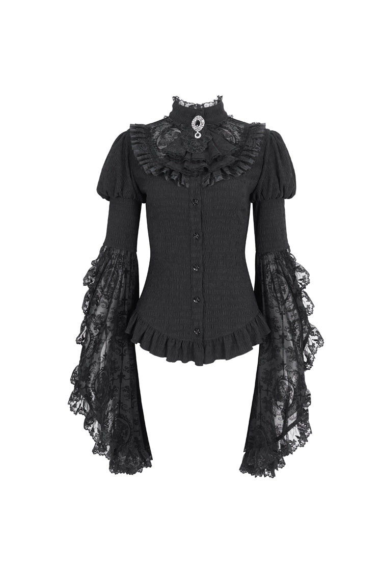 Black Stand Collar Trumpet Sleeves Ruffle Embroidery Lace Women's Gothic Blouse - Product - 5