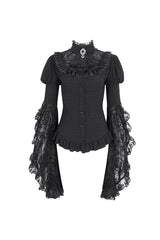Black Stand Collar Trumpet Sleeves Ruffle Embroidery Lace Women's Gothic Blouse - Product - 5