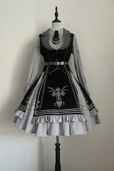 Black/Blue [Dark Knight Contract] Print Ruffle Gothic Military Elegant Lolita Skirt - Blouse+Vest - 9