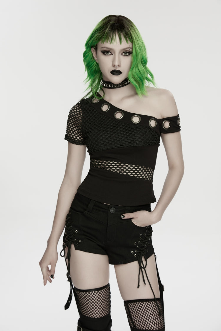 Black Off Shoulder Short Sleeves Slim Mesh Asymmetric Eyelet Women's Punk Cool Blouse - Product - 5