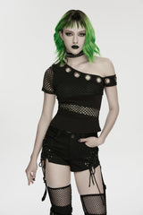 Black Off Shoulder Short Sleeves Slim Mesh Asymmetric Eyelet Women's Punk Cool Blouse - Product - 5