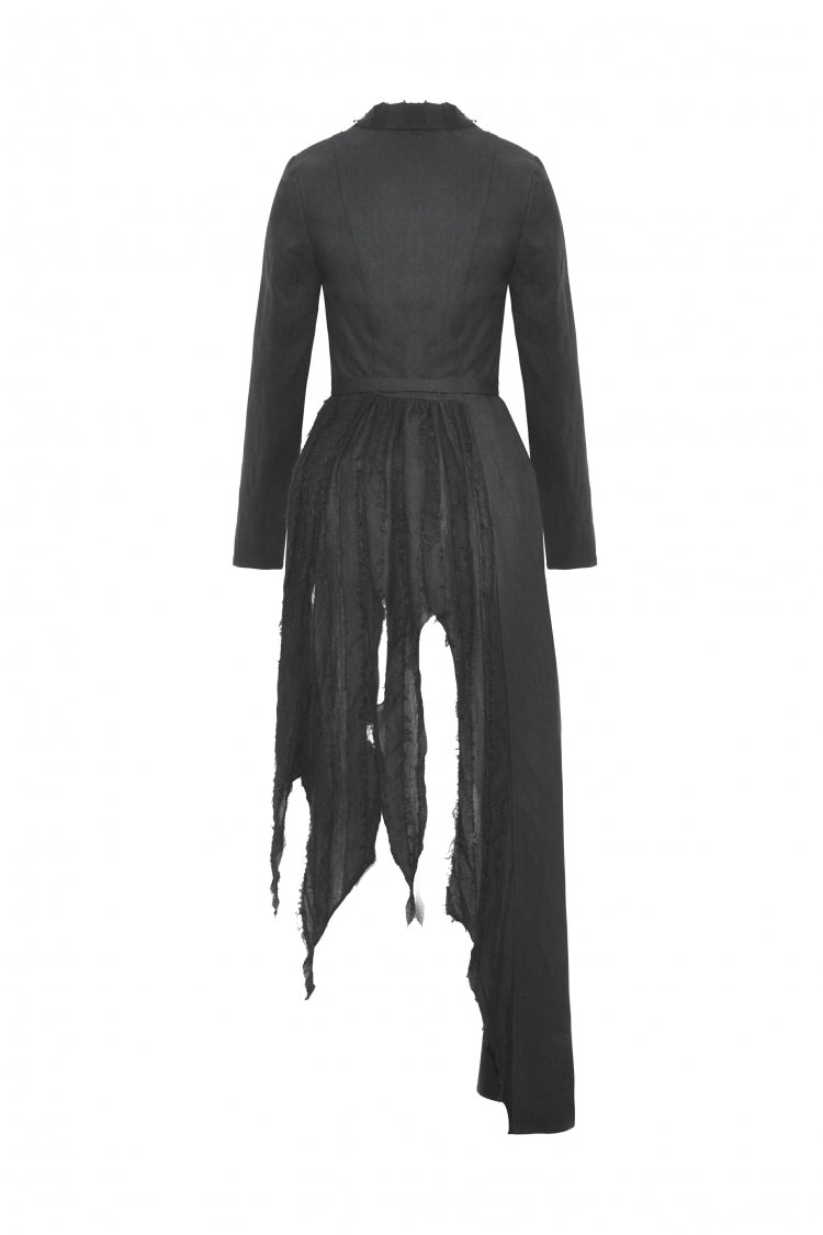 Black Peak Lapel Collar Long Sleeves Irregular Distressed Women's Gothic Punk Coat with Belt - Product - 14