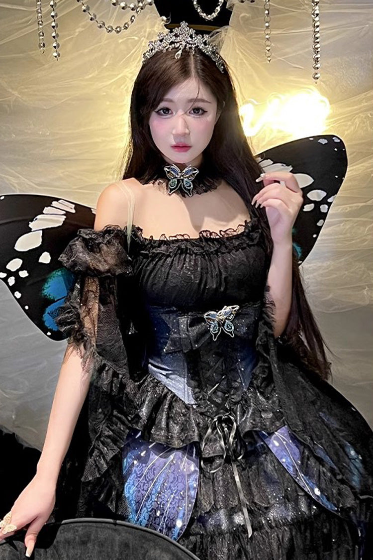 Black [Sparkling Butterfly] Print Bowknot Sweet Lolita Skirt - Product - 8