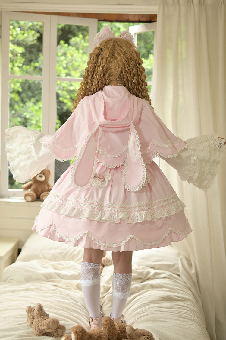 Pink [Petal Bunny] Cotton Square Collar Short Sleeves Double-Layered Ruffled Bow Lace Lace-Up Sweet Lolita Dress - Product - 9