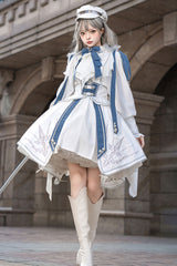 White/Blue [Star Knight] Print Punk Military Princess Handsome Ouji Lolita Skirt - White/Blue - 1