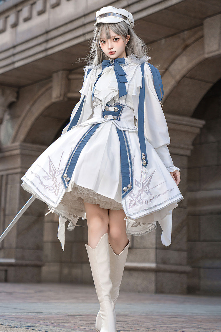 White/Blue [Star Knight] Print Punk Military Princess Handsome Ouji Lolita Skirt - White/Blue - 1