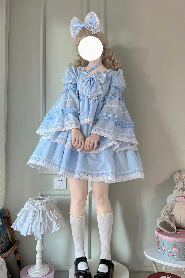 Blue Triple-Layered Detachable Sleeves Bowknot Lace-Up Sweet Lolita Dress - Product - 3