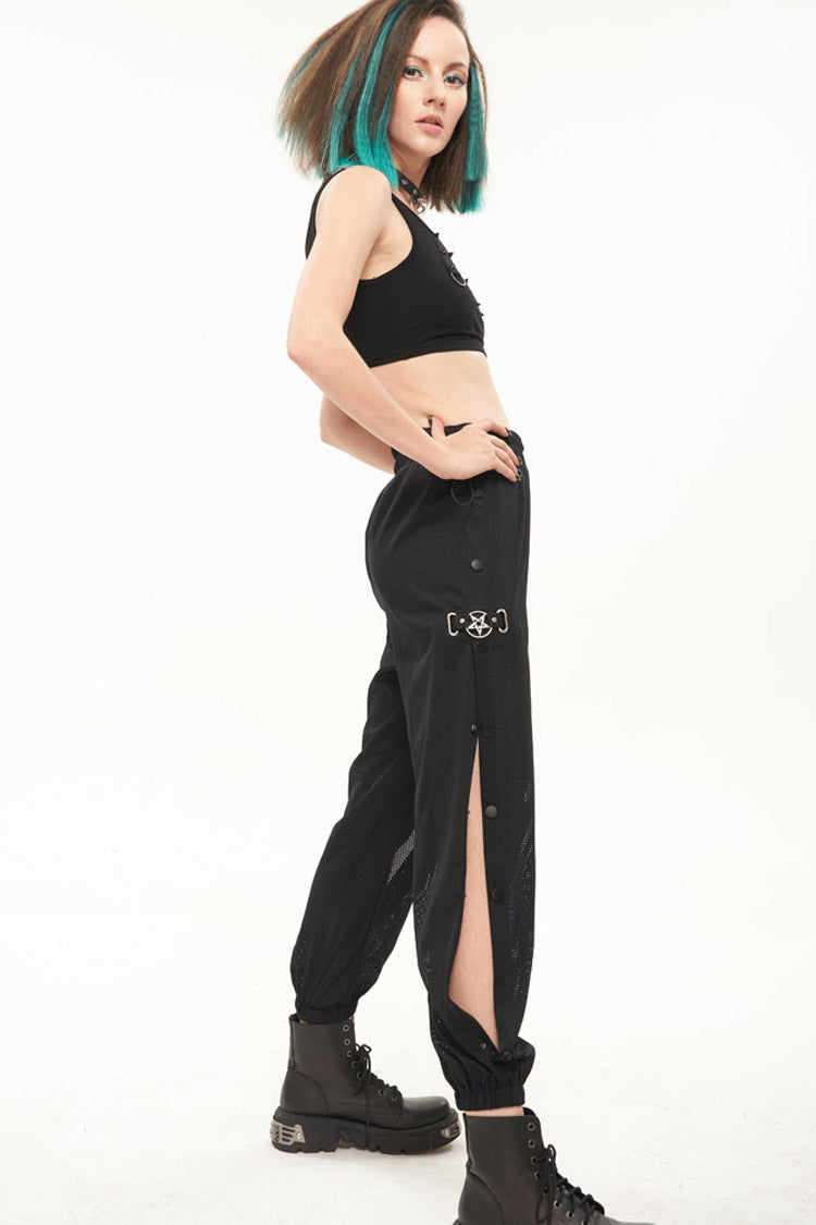 Black Punk Sports Style Metal Five-Star Decoration Trouser Leg Button Detachable Women's Long Pants - Product - 7