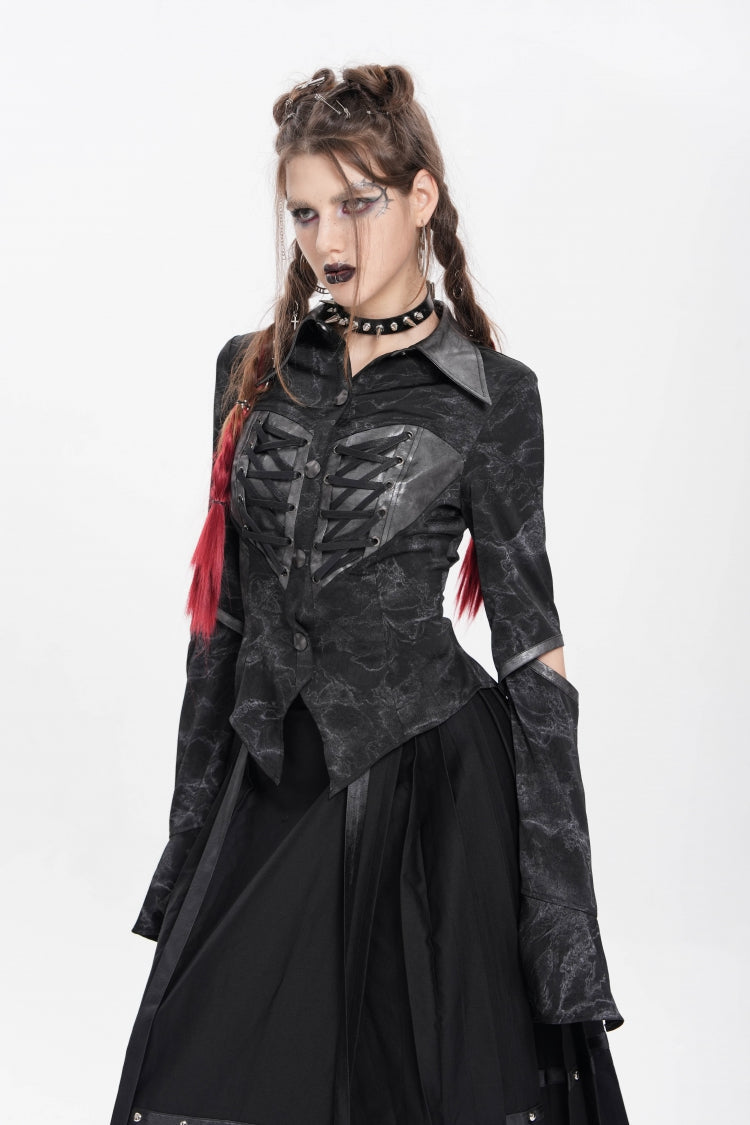 Black Lapel Collar Long Sleeves Print Lace-Up Cutout Women's Punk Blouse - Product - 4