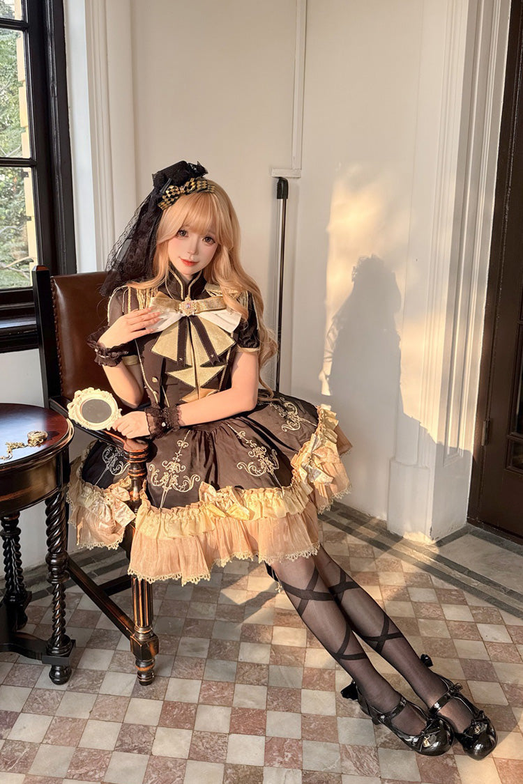 Black [Gilded Oath] Short Sleeves Double-Layered Ruffle Embroidery Bowknot Gothic Lolita Dress - Product - 9