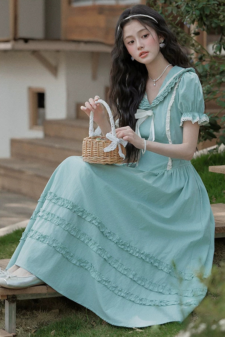 Lake Blue V Collar Short Puff Sleeves Ruffled Lace Sweet College Style Lolita Dress - Product - 9