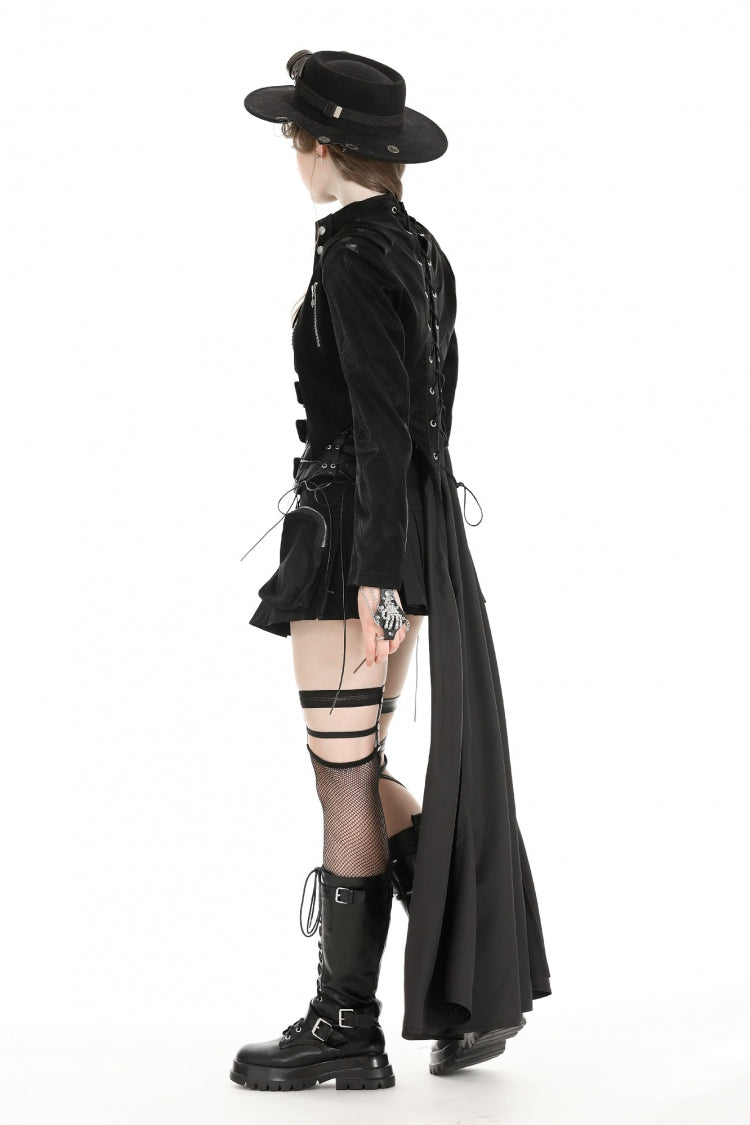 Black Long Sleeves Spliced Lace-Up Women's Gothic High Low Faux Leather Long Tail Jacket - Product - 11