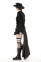 Black Long Sleeves Spliced Lace-Up Women's Gothic High Low Faux Leather Long Tail Jacket - Product - 11
