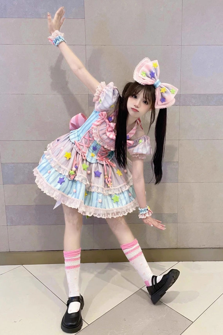 Blue/Pink Magical Girl Short Sleeves Ruffle Bowknot Stars Sweet Princess Lolita Dress - Product - 2