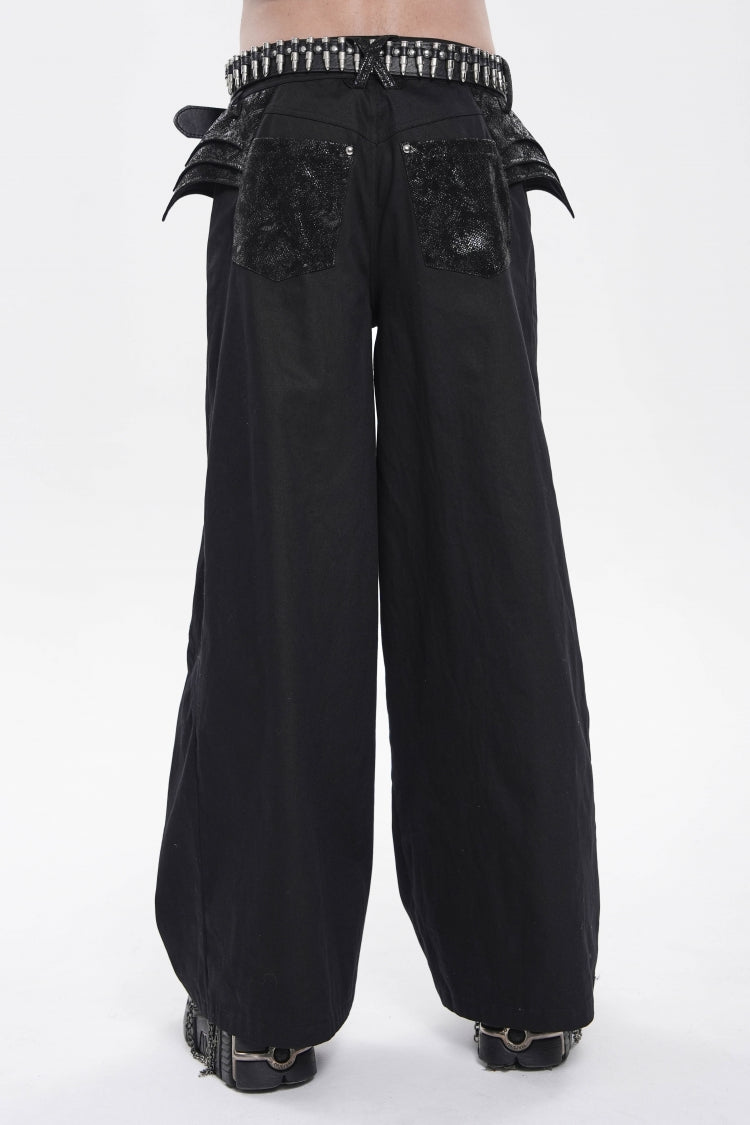 Black Spliced Studded Zippered Chain-Decorated Men's Punk Cool Pants - Product - 9