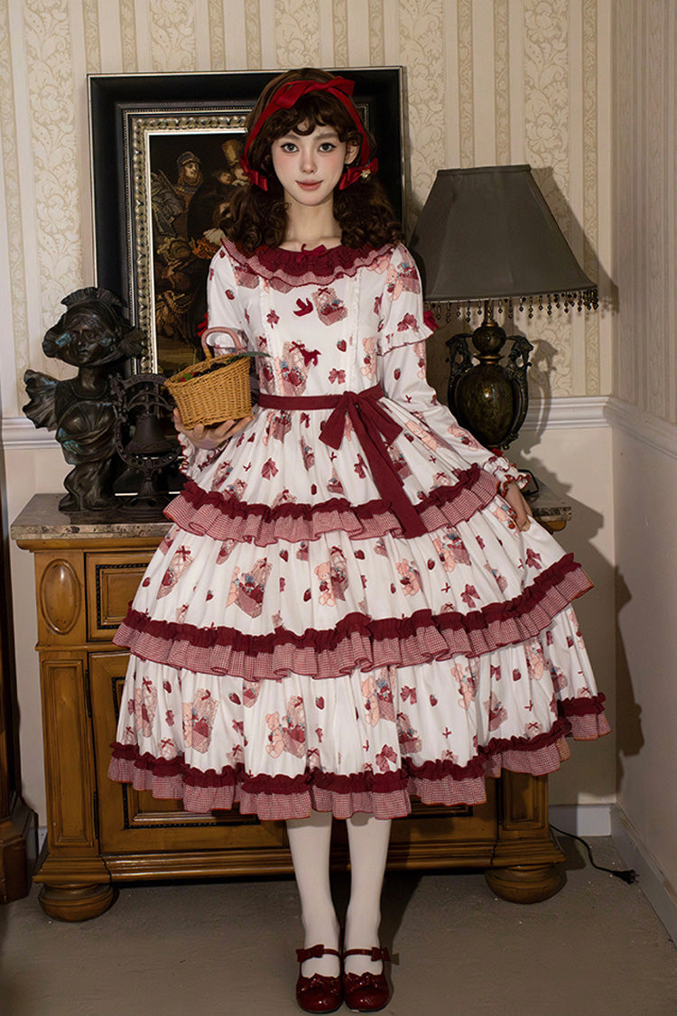 White/Pink [Bell Strawberry Farm] Print Long Sleeves Triple-Layered Ruffle Sweet Lolita Dress - White/Pink - 1