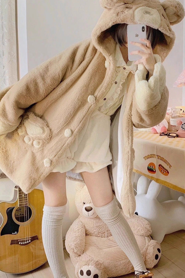 [Sleepy Bear] Long Sleeves Plush Thickened Hooded Sweet Lolita Coat 2 Colors - Product - 5