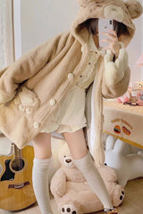 [Sleepy Bear] Long Sleeves Plush Thickened Hooded Sweet Lolita Coat 2 Colors - Product - 5