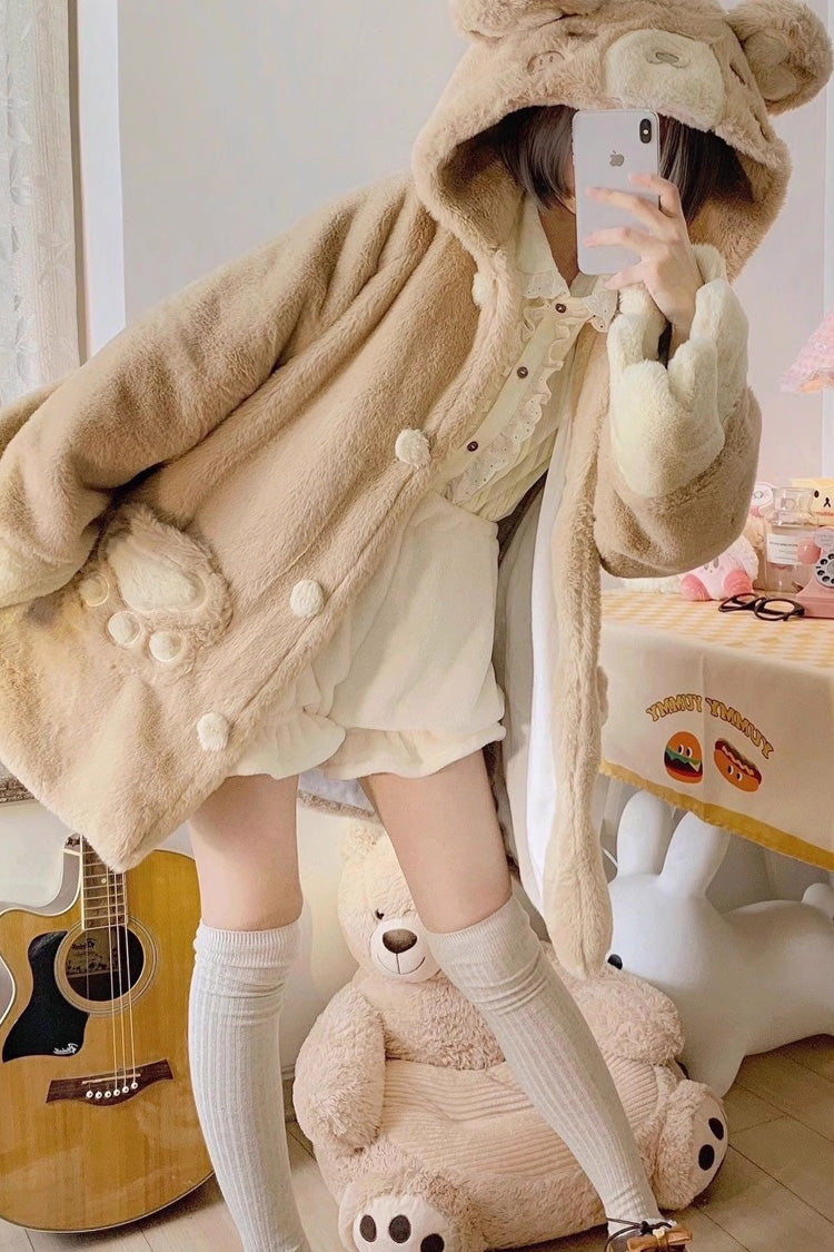 [Sleepy Bear] Long Sleeves Plush Thickened Hooded Sweet Lolita Coat 2 Colors - Product - 5