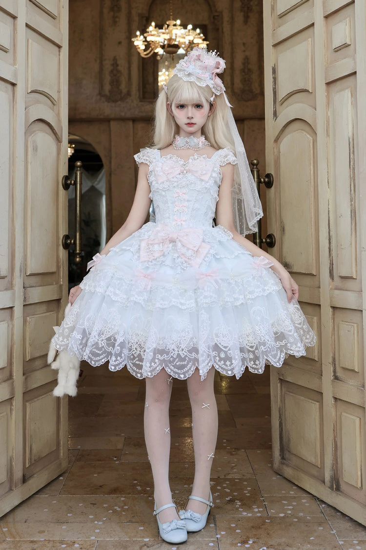 Blue [Bunny Dream Letter] Square Collar Flutter Sleeves Jacquard Ruffled Bow Lace Sweet Princess Balletcore Lolita Jsk Dress - Product - 7