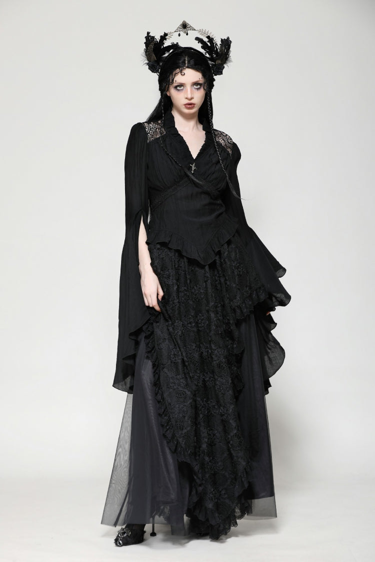 Black Ruffled V Collar Cross Ornament Long Trumpet Sleeves Pleated Women's Gothic Top - Product - 6