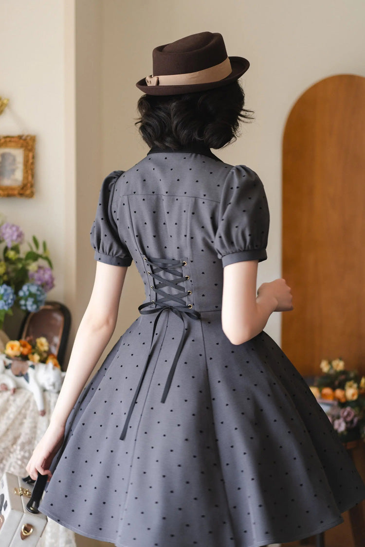 Grey [Forest Boulotty] Lapel Collar Short Sleeves Heart-Shaped Polka Dot Printed Bow Sweet Lolita Dress - Product - 4