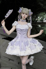 Purple [Floral Dream] Short Sleeves Multi-Layered Ruffle Embroidery Bowknot Lace-Up Sweet Elegant Ballet Lolita Jsk Dress - Purple - 1
