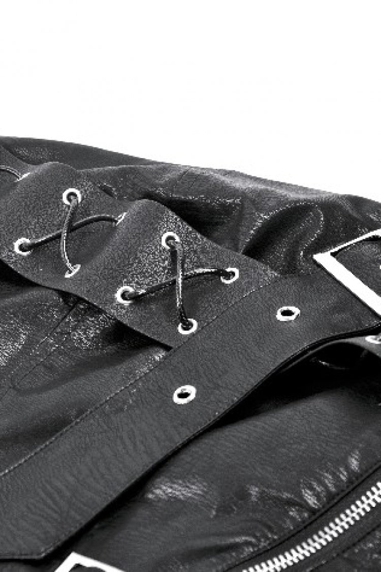 Black Sleeveless Single Shoulder Strap Straps Diagonal Zipper Studded Women'S Punk Faux Leather Vest - Product - 16