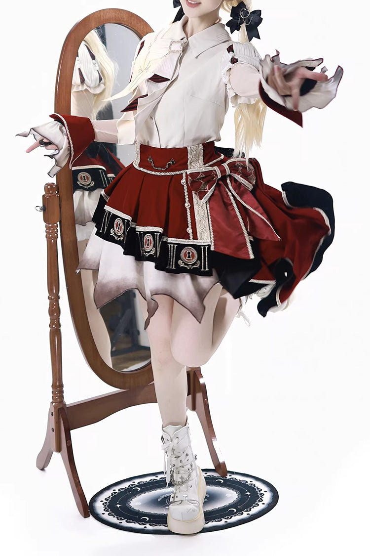 Red/White [Burning Finale] Lapel Collar Short Sleeves Ombre Embroidered Irregular Classic College Style Lolita Skirt Set - Product - 6