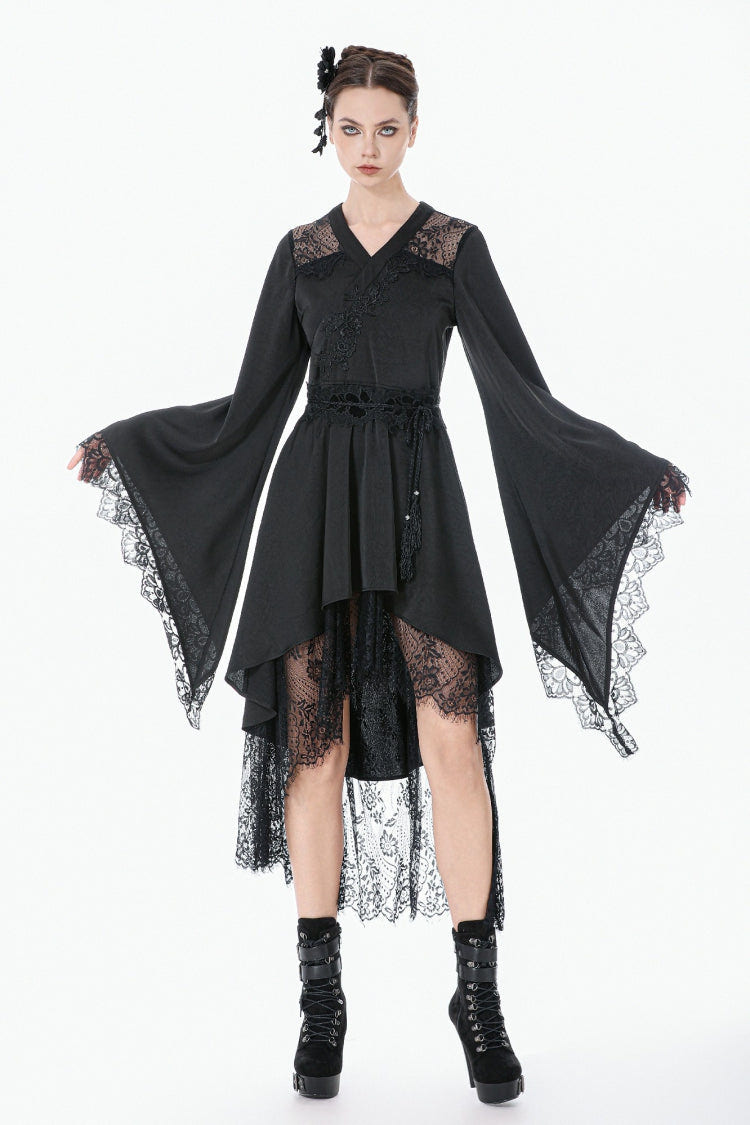 Black V Collar Long Trumpet Sleeves Lace Sheer Women's Gothic Kimono High Low Long Dress - Product - 10