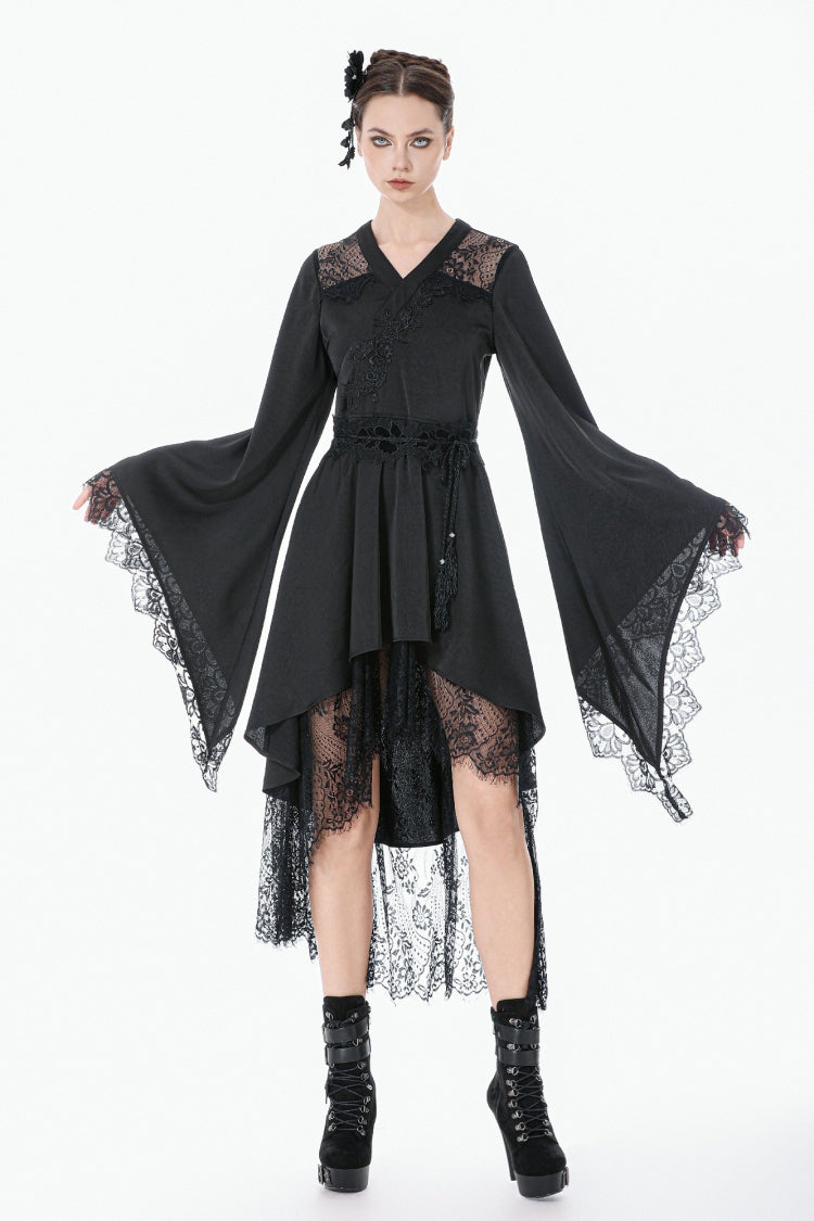Black V Collar Long Trumpet Sleeves Lace Sheer Women's Gothic Kimono High Low Long Dress - Product - 10