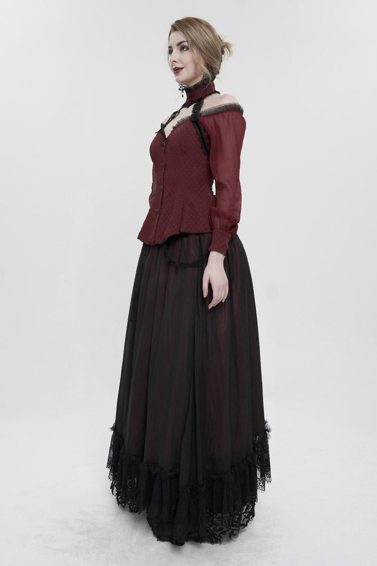 Red Lace Trim Panel Adjustable Back Long Sleeve Women's Gothic Shirt - Product - 4