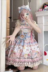 Multi-Color Sleeveless [Cat Dessert] Print Ruffle Bowknot Lace Sweet Japanese Lolita Strap Dress - Product - 3