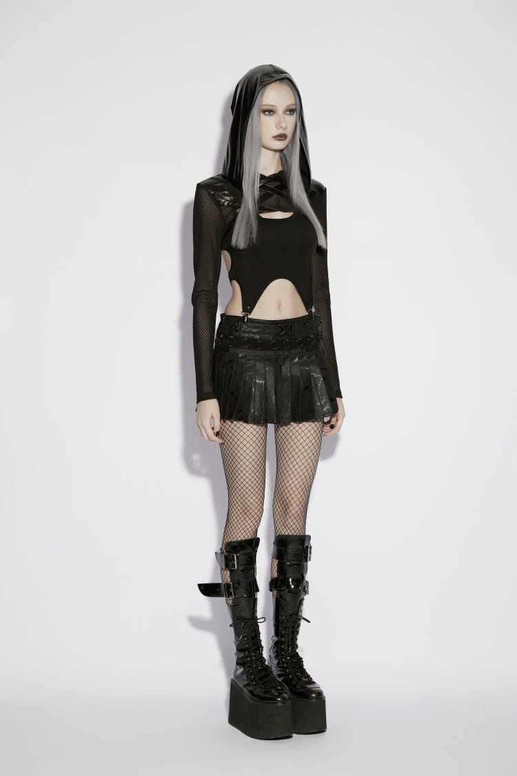 Black Hooded Sheer Mesh Eyelet Women's Punk Handsome Cloak - Product - 3
