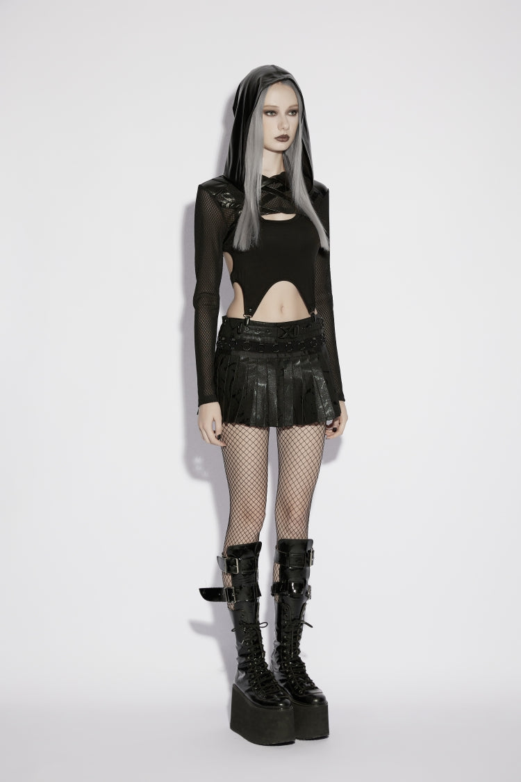 Black Hooded Sheer Mesh Eyelet Women's Punk Handsome Cloak - Product - 3