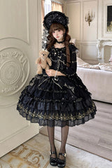 Black [Dream-Sinking Pearl Veil] Doll-Style Sleeveless Multi-Layered Ruffled Bow Lace Daily Gothic Lolita Dress - Black - 1