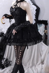 Dark Black Tube Top Sleeveless Blowknot Ruffled Gothic Lolita Tiered Dress - Product - 6