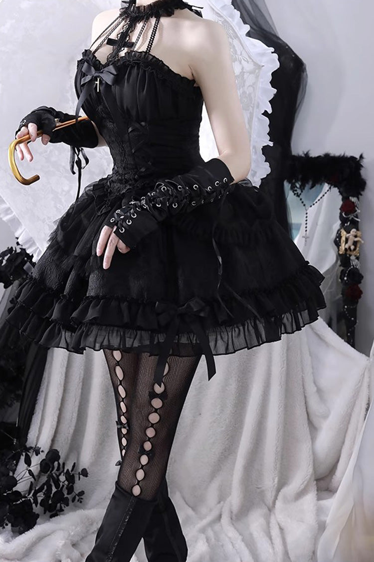 Dark Black Tube Top Sleeveless Blowknot Ruffled Gothic Lolita Tiered Dress - Product - 6
