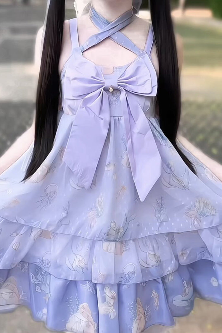 [Ocean Sweetheart] Halterneck Sleeveless Triple-Layered Printed Ruffled Bow Lace Sweet Lolita Strap Dress 5 Colors - Purple - 8
