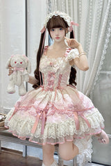 Pink [Dreaming Butterfly] Multi-Layered Jacquard Ruffle Bowknot Lace Sweet Princess Lolita Jsk Dress - Pink - 1