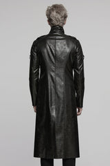 Black Stand Collar Long Sleeves Faux Leather Buckle Men's Punk Coat - Product - 3