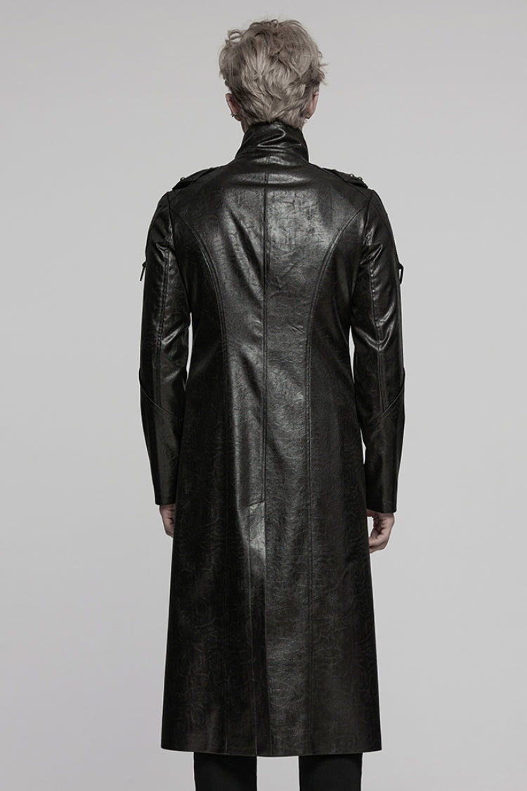 Black Stand Collar Long Sleeves Faux Leather Buckle Men's Punk Coat - Product - 3
