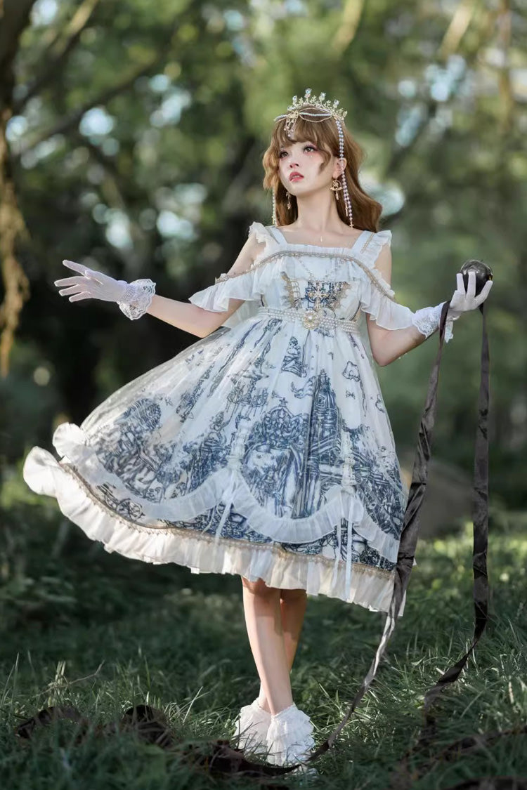 White [Castle Feast] Print Ruffle Bowknot Gothic Princess Lolita Jsk Dress - Product - 5