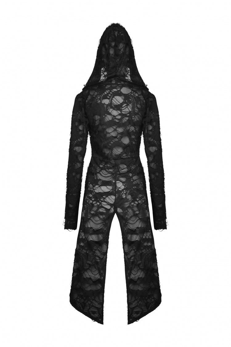Black Long Sleeves Split Ripped Zippered Women's Punk Long Coat with Hood - Product - 15