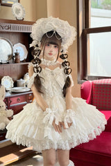 White [Pearl Ballet] Square Collar Sleeveless Multi-Layered Ruffled Bow Lace-Up Pearl-Decorated Sweet Ballet Lolita Jsk Dress - Product - 7