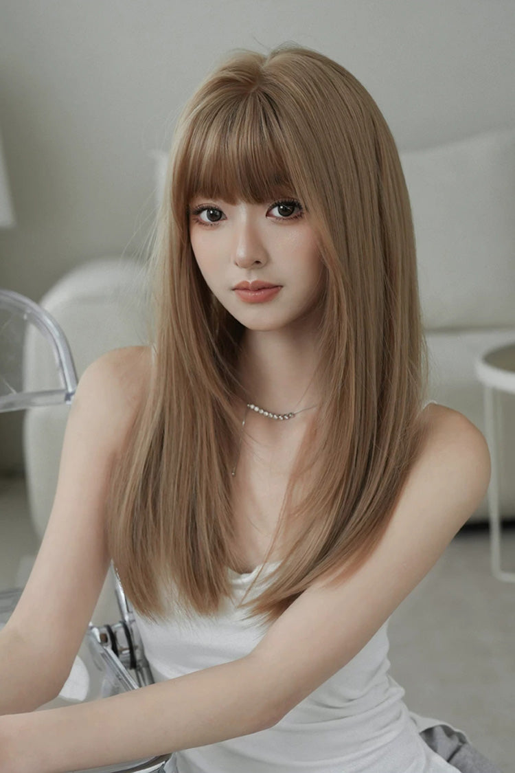 Korean Daily Sweet Style Flaxen Brown Long Layered Straight Lolita Wig with Airy Full Bangs - Product - 6